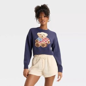 NWT Grayson Threads Women's Blue Teddy Bear Flag Graphic Crop Sweater XXS